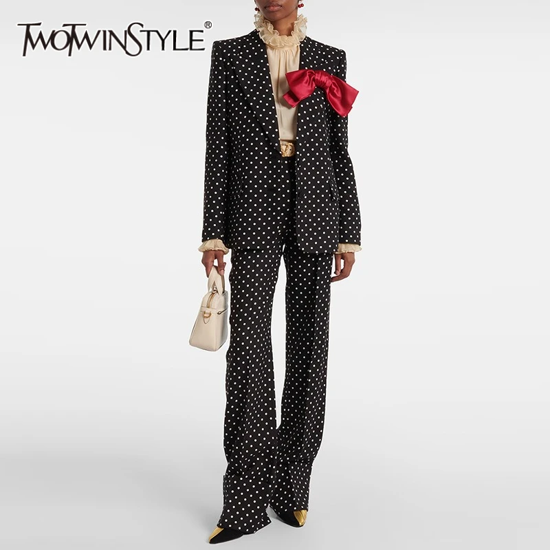 

TWOTWINSTYLE Hit Color Spliced Wave Point Two Piece Sets for Women Lapel Long Sleeves Patchwork Bowknot Jacket Pant Set Female