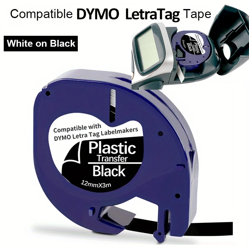 White on Black Tape Replacement for Dymo Label Maker Refills Plastic Gold on Black 12mmX3m Compatible for Dymo Letratag Refills