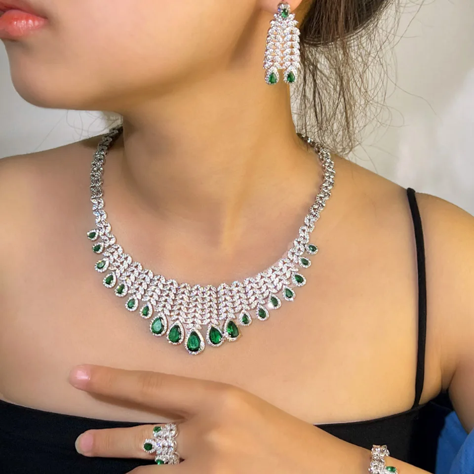 Zlxigirl Hot Quality Dark Green Cubic Zircon Wedding Necklace earring Bracelet Ring Jewelry set of Women couple Gift Free ship