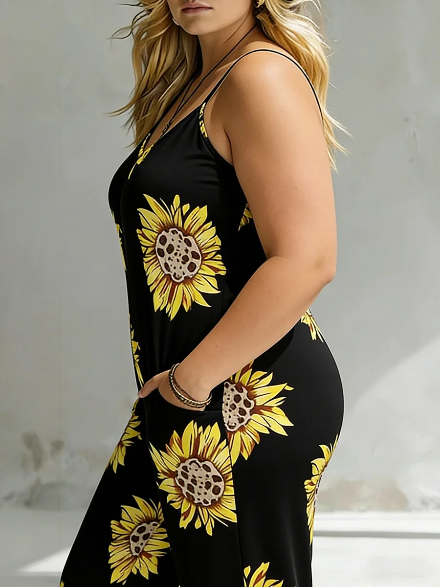 Plus Size Women's Overalls Spaghetti Strap Sunflower Print Wide Leg Boho Trousers Spring Summer Casual Beach Lightweight Outfit image 2