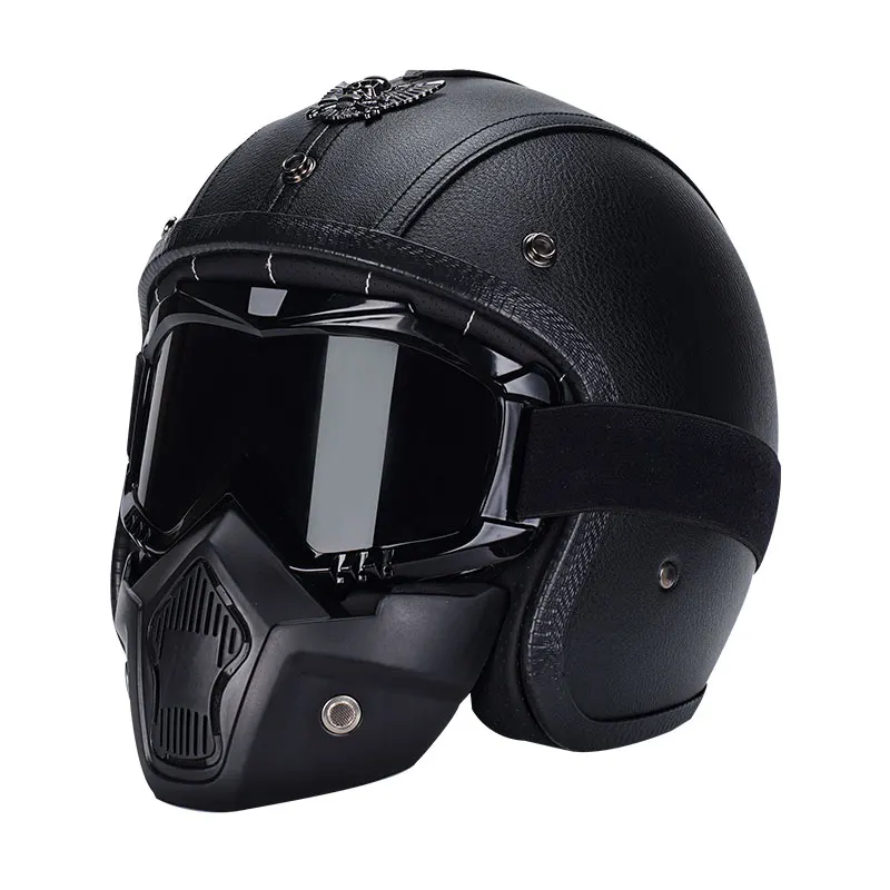 Women and Mens' Handmade Leather Open Face Helmets Motorcycle With Goggle Mask Cafe Racer Jet Polit Helmet S M L XL XXL