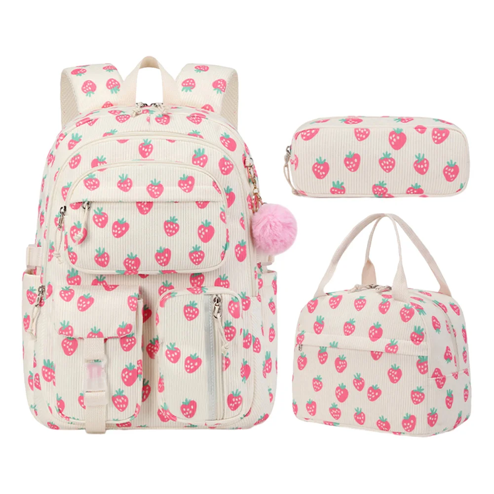 

3pcs Korean Fashion Strawberry Print Girl Fashion Backpack Lightweight Simple Student SchoolBag Adjustable Strap Travel Backpack