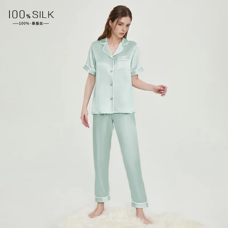 19 Momme 100% Mulberry Silk Women's Short Sleeve Pajamas Set Solid Color Button Up Pajama Sleepwear 2 Piece Sleepwear Loungewear