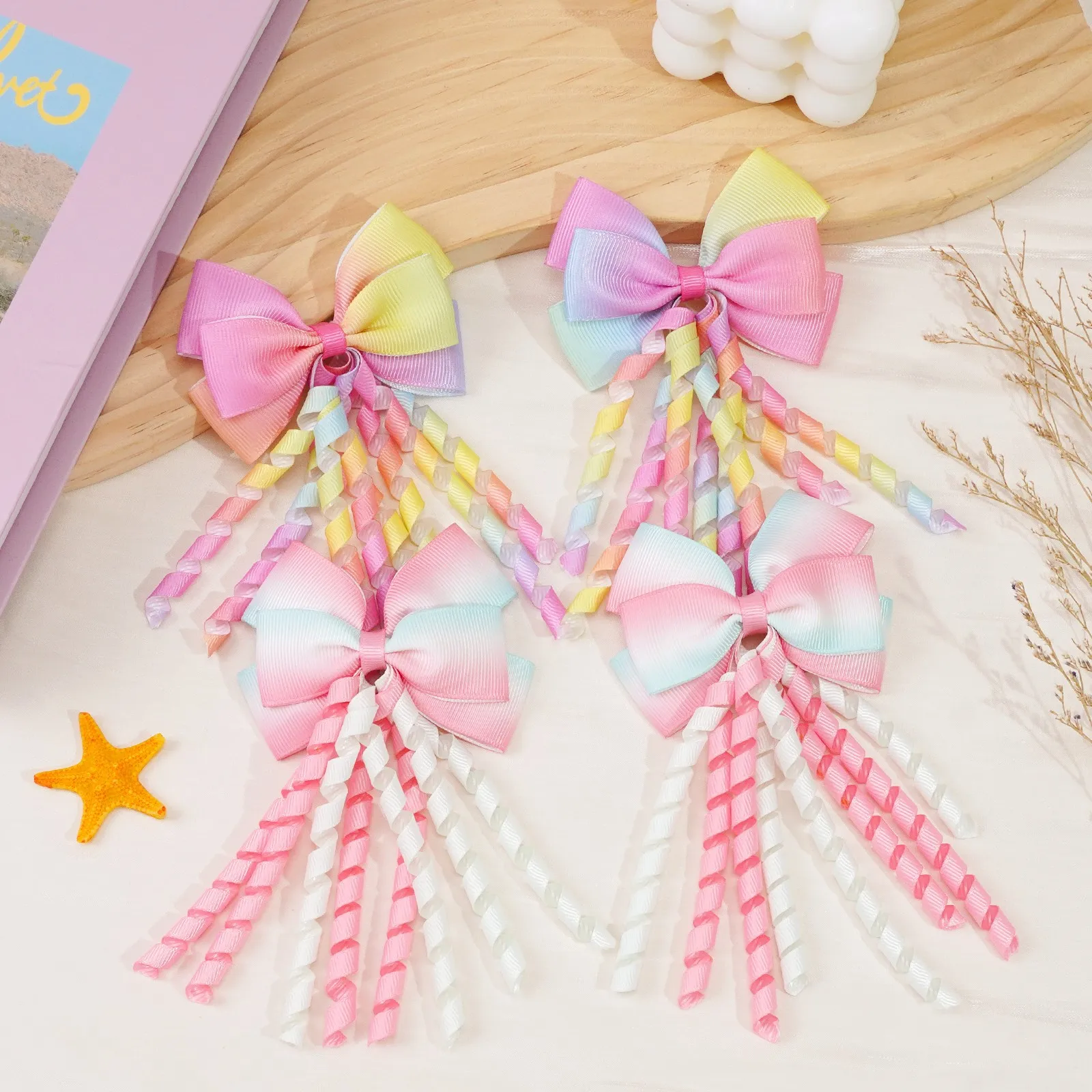 

12pc Bouncy Ribbon Bow Hairpin Children Rainbow Color Hairbow Barrettes Baby Girls Colorful Streamer Grosgrain Hairbows for Kids