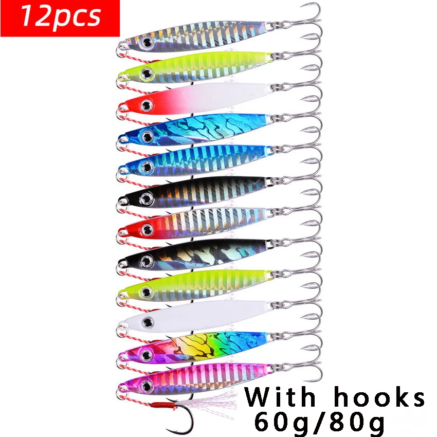 

12PCS/lot Metal Slow Jig Cast Spoon 60G 80G Artificial Bait Shore Fishing Jigging Spoons Metal Bass Sea Fishing Lures