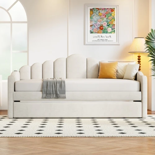 # Twin Size Velvet Upholstered Sofa bed Trundle Foldable USB Charging Ports No Box-spring Needed Living Room Hotel Use