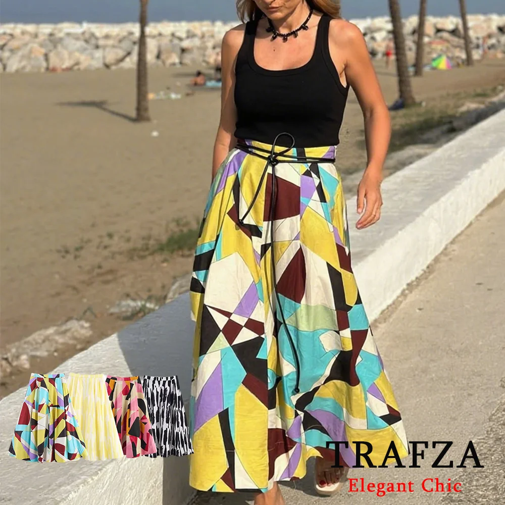 

TRAFZA-Women Print Midi Skirt Pleated Multi-Color Zipper Skirt New 2025 Spring/Summer Fashion Holiday Romantic Party Date Skirt