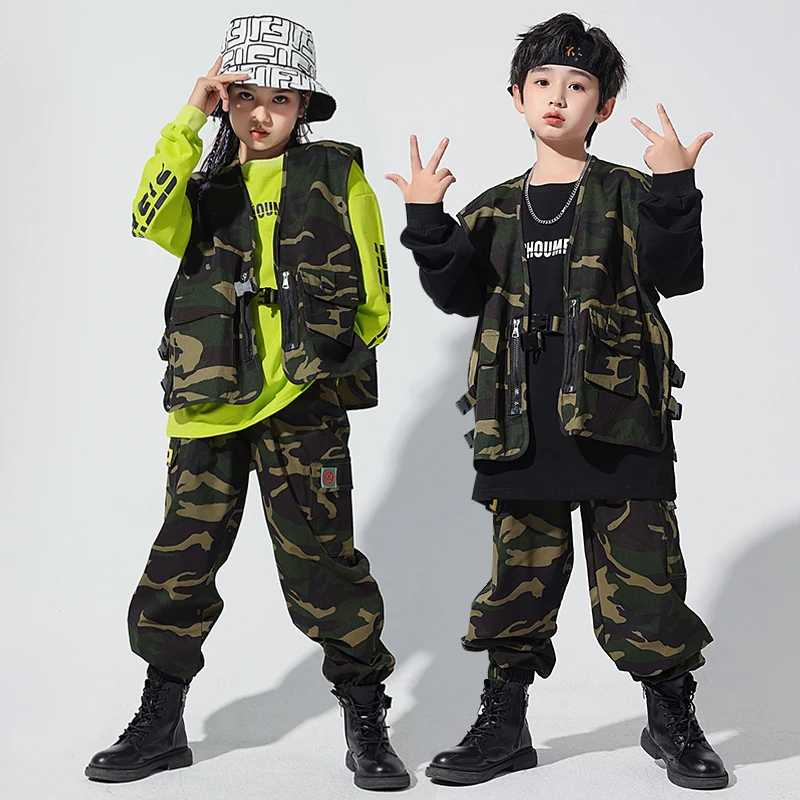 Kids Kpop Outfits Hip Hop Clothing Camo Vest Streetwear Tactical Cargo Pants For Girl Boy Jazz Dance Costume Teen Street Clothes