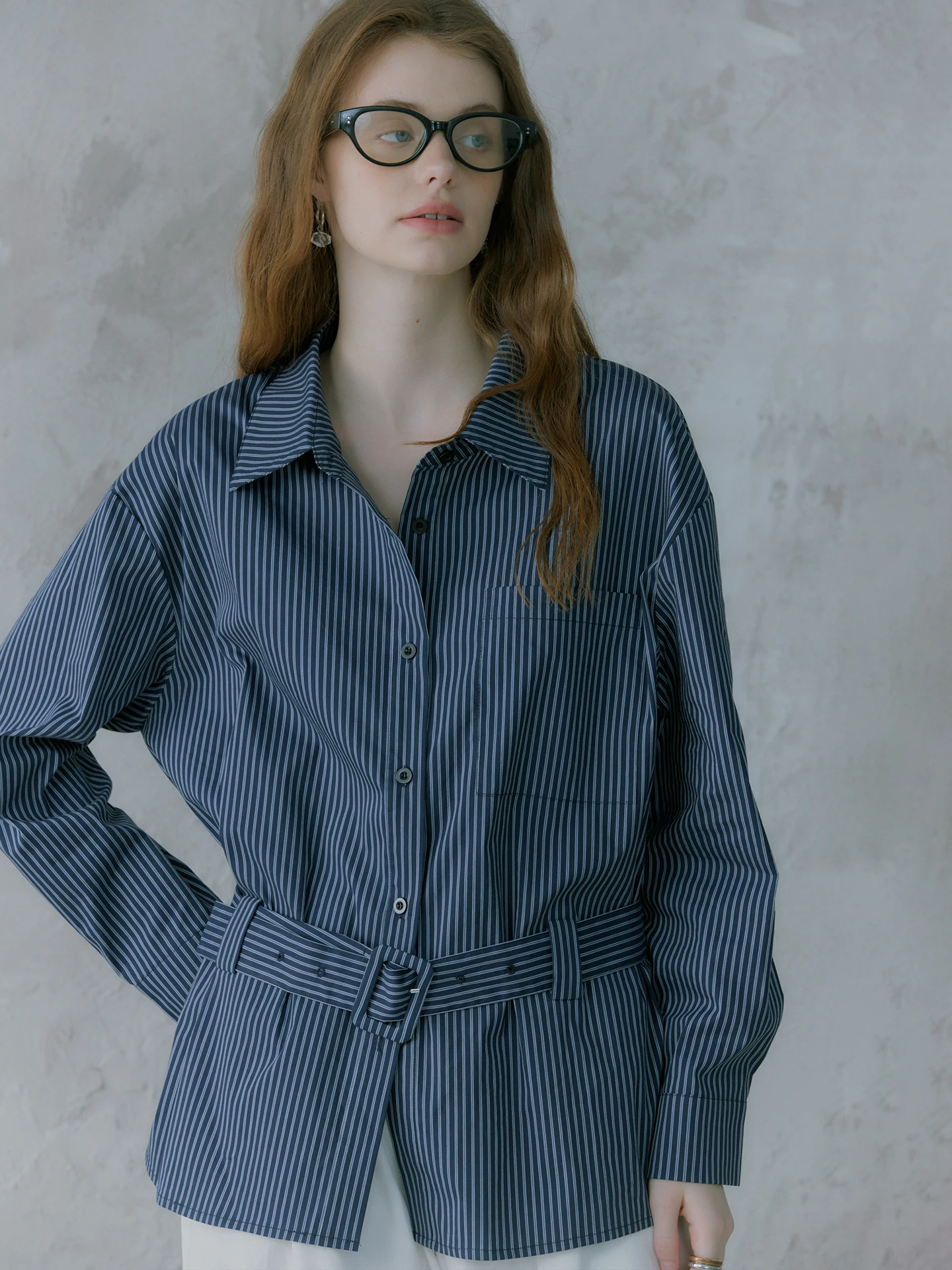 

Женская рубашка Oz Retro Commuter из 100% хлопка, свободного кроя, в полоску, синяя, с поясом на талии, утягивающая, для ранней осени, новинка