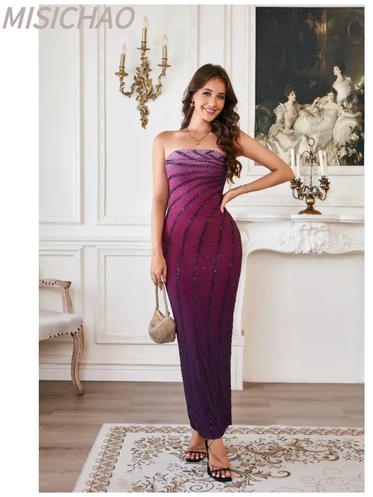 MISICHAO Women's Bandeau Deep Purple Stripe Sequin Slim Fit Mermaid Long Gown Side Slit Formal Evening Party Prom Dress
