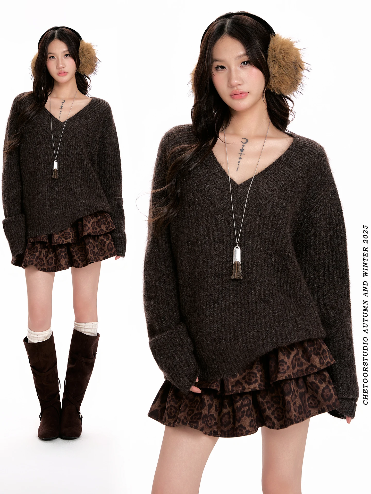 

Кофейно-коричневый Thiened Long Sve V-Ne трикотаж женский осенне-зимний свободный утягивающий ленивый Sle Base irt модный