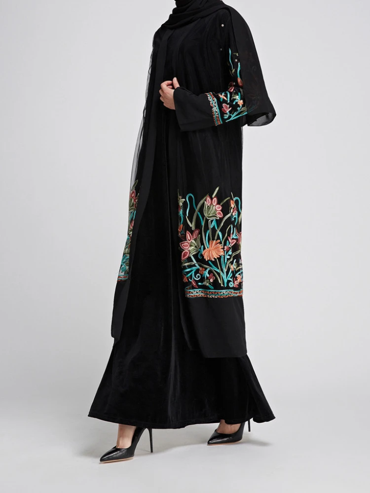 Elegant Embroidery Muslim Abaya for Women Eid Dress Morocco Ramadan Lace-up Abayas Kaftan Islam Cardigan Dubai Arab Long Robe