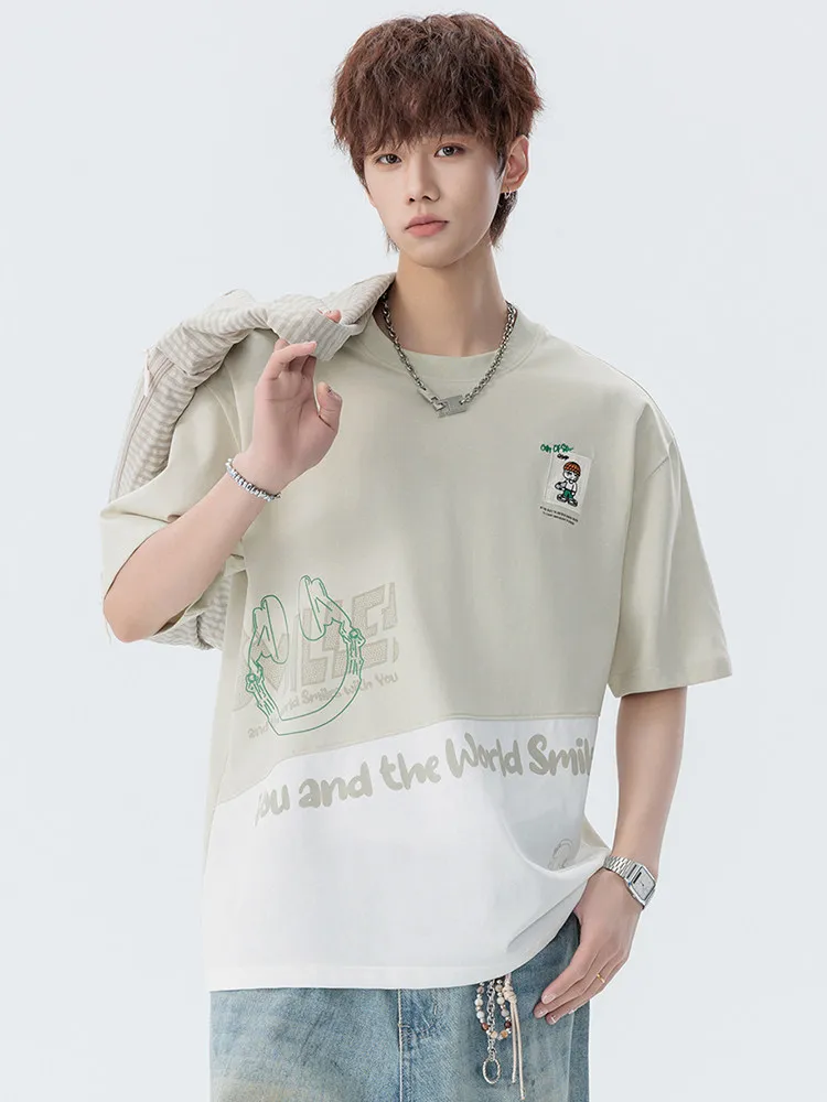 Summer Black White Color Block Headphone Cartoon Print T-Shirt Men Loose Casual Round Neck Short Sleeve Green Top