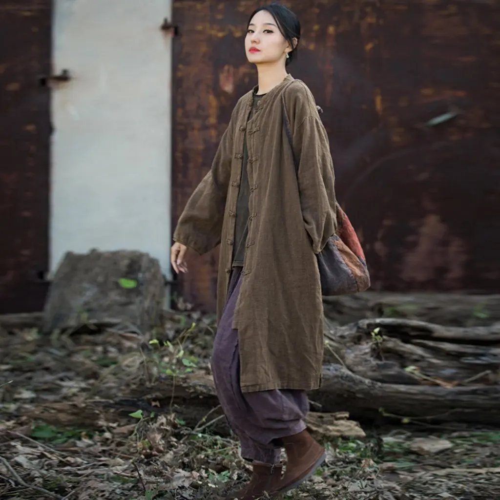 

Весенний хлопково-льняной женский кардиган в стиле ретро с пряжкой, пальто средней длины жареного цвета, новая женская одежда из хлопка рами