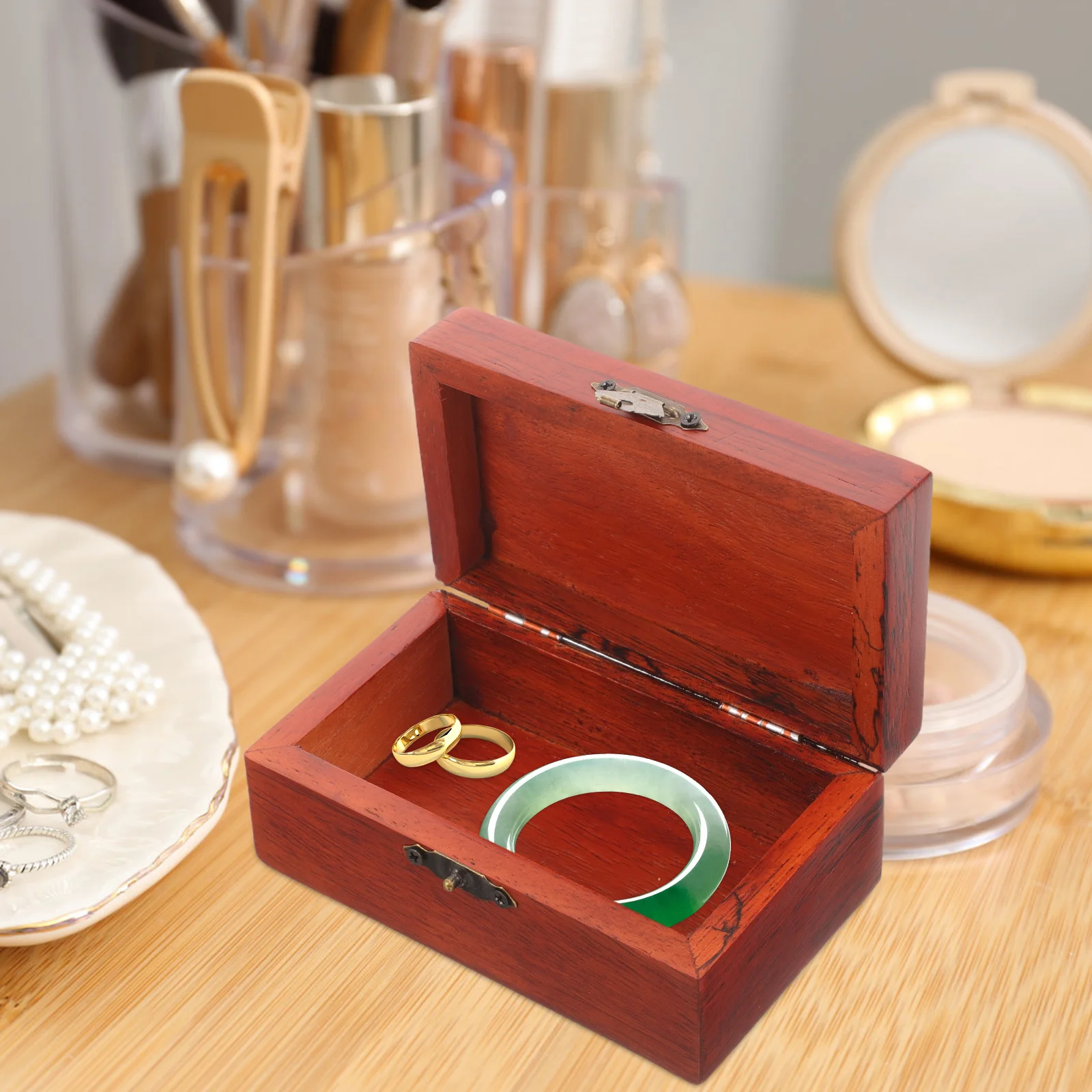 

Vintage Redwood Jewelry Box Organizer Earrings Rings Necklaces Storage Case Wooden Trinket Display Home Decor Jewelry Box