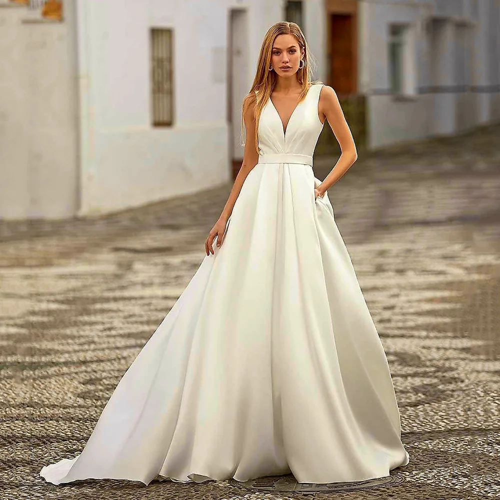

Satin Wedding Dresses 2026 V Neck A-Line Bridal Dress Pockets Simple Bride Gown Modern Wedding Bride Dress Customized