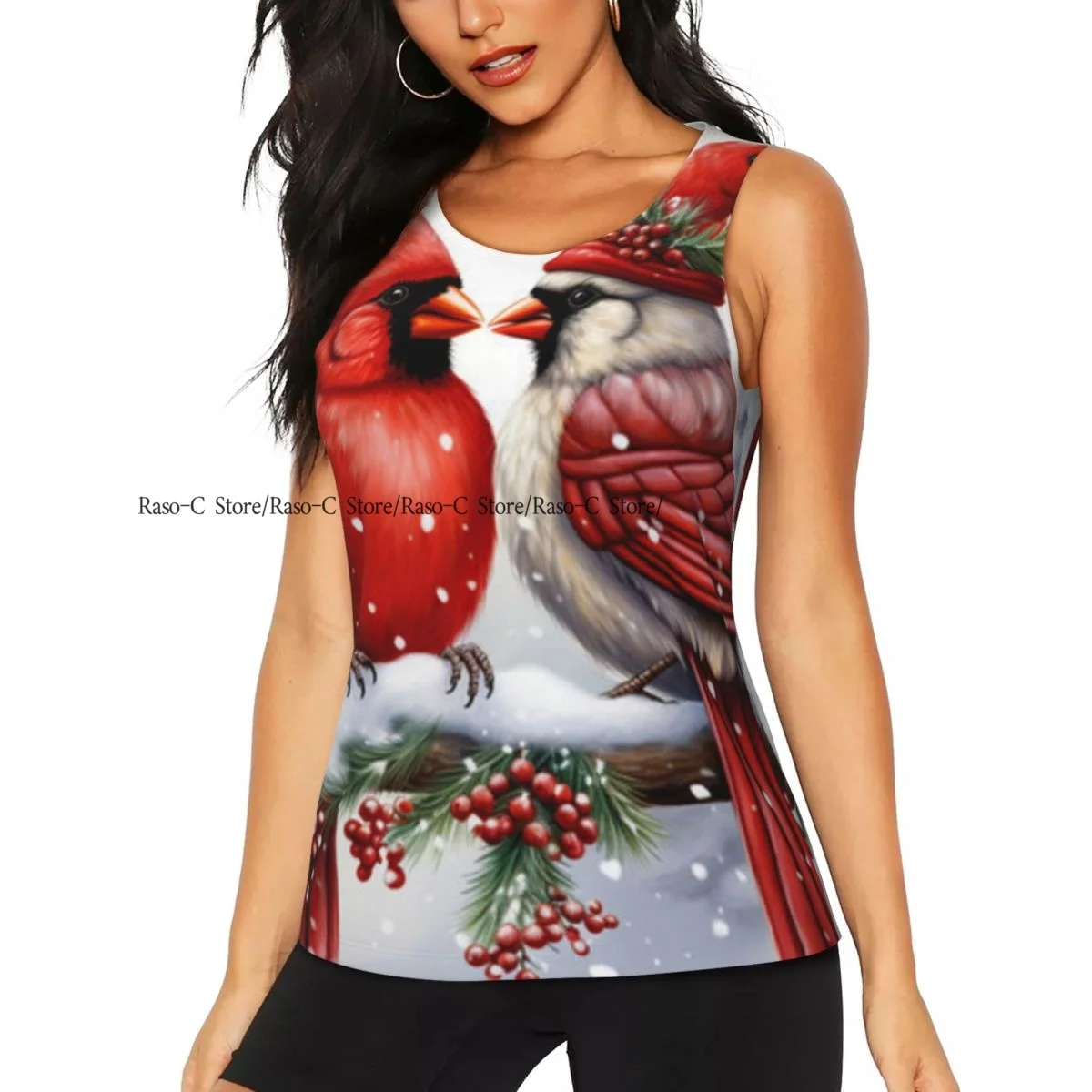 المرأة سترة مثيرة طيور الكاردينال يجلسون على فرع في الشتاء الغابات بلا أكمام الجولة الرقبة تانك القمم أنثى عادية الأساسية بروتيل