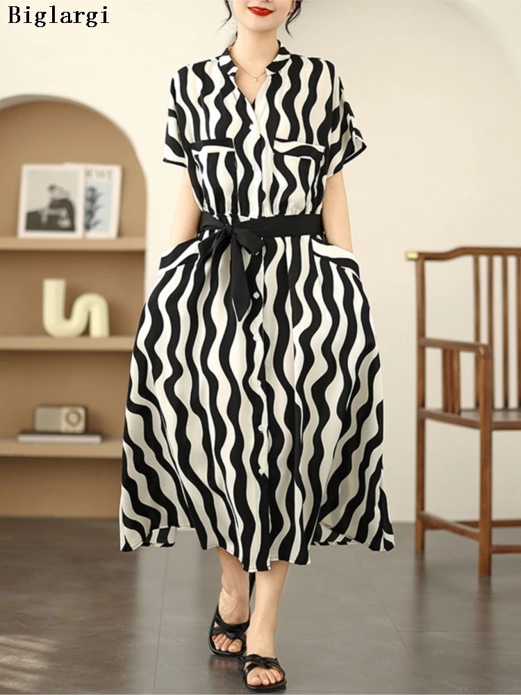 

Oversized Summer V-Neck Dress Women Striped Print Fashion Loose Ruffle Pleated Ladies Dresses A-Line Casual Woman Dress