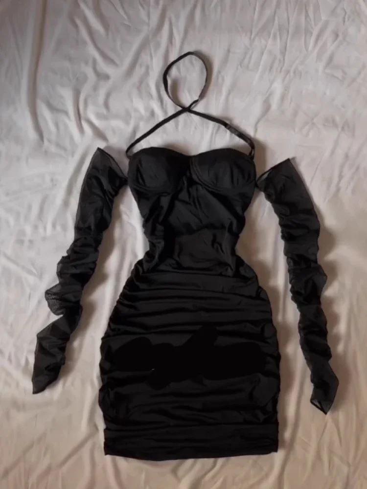 Abito aderente a maniche lunghe in rete trasparente nera sexy con spalle scoperte Mini abito da club con scollo all'americana Abiti da cocktail party da sera slim fit
