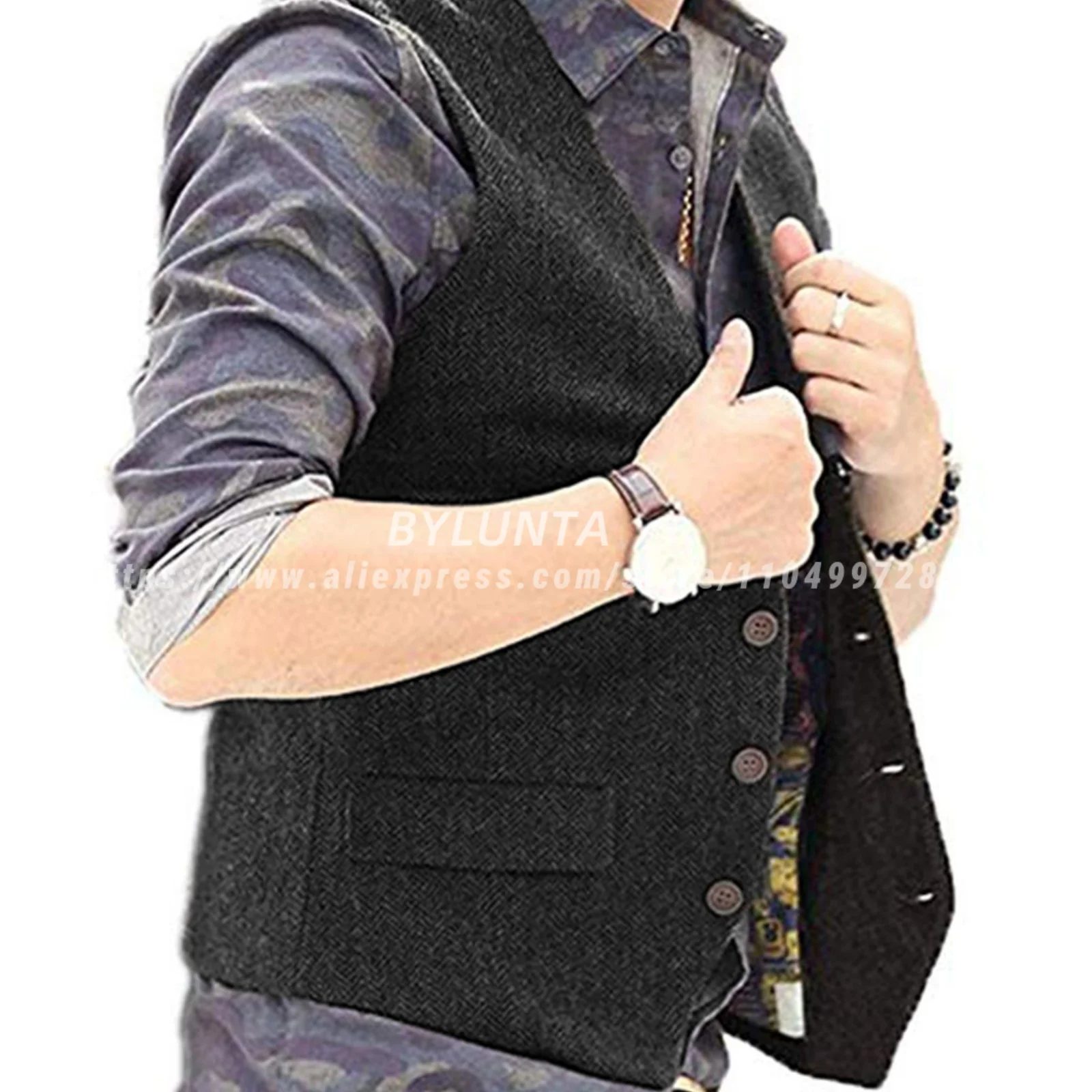 Men's Suit Vest Dark Gray Tailored Collar Wedding Wool Tweed Business Waistcoat Jacket Casual Slim Fit Gilet Steampunk Vest