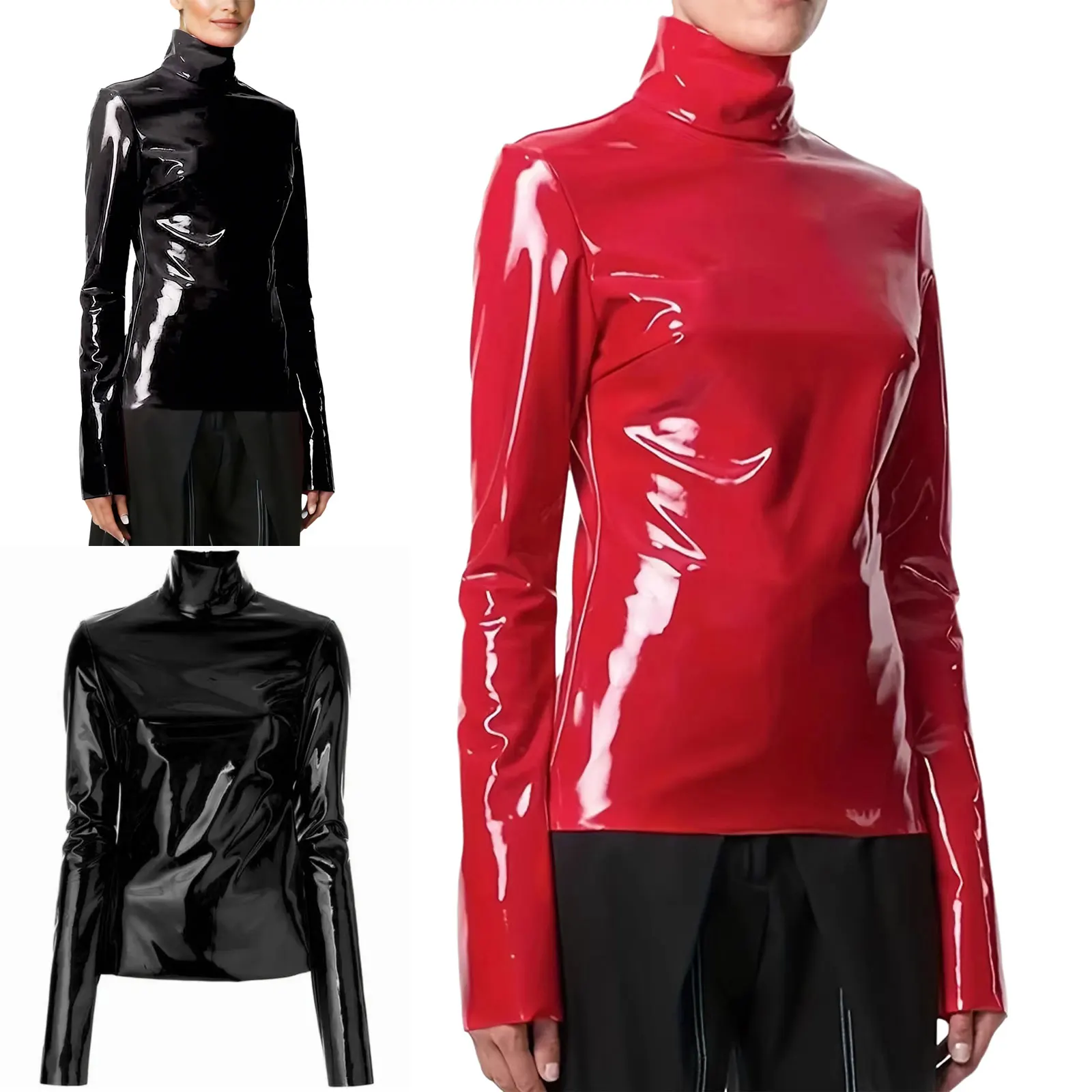 

Women Glossy PU Leather Shirts Top Turtleneck Long Sleeve Back Zipper T-shirt Catsuit Top for Club Raves Party Music Festival