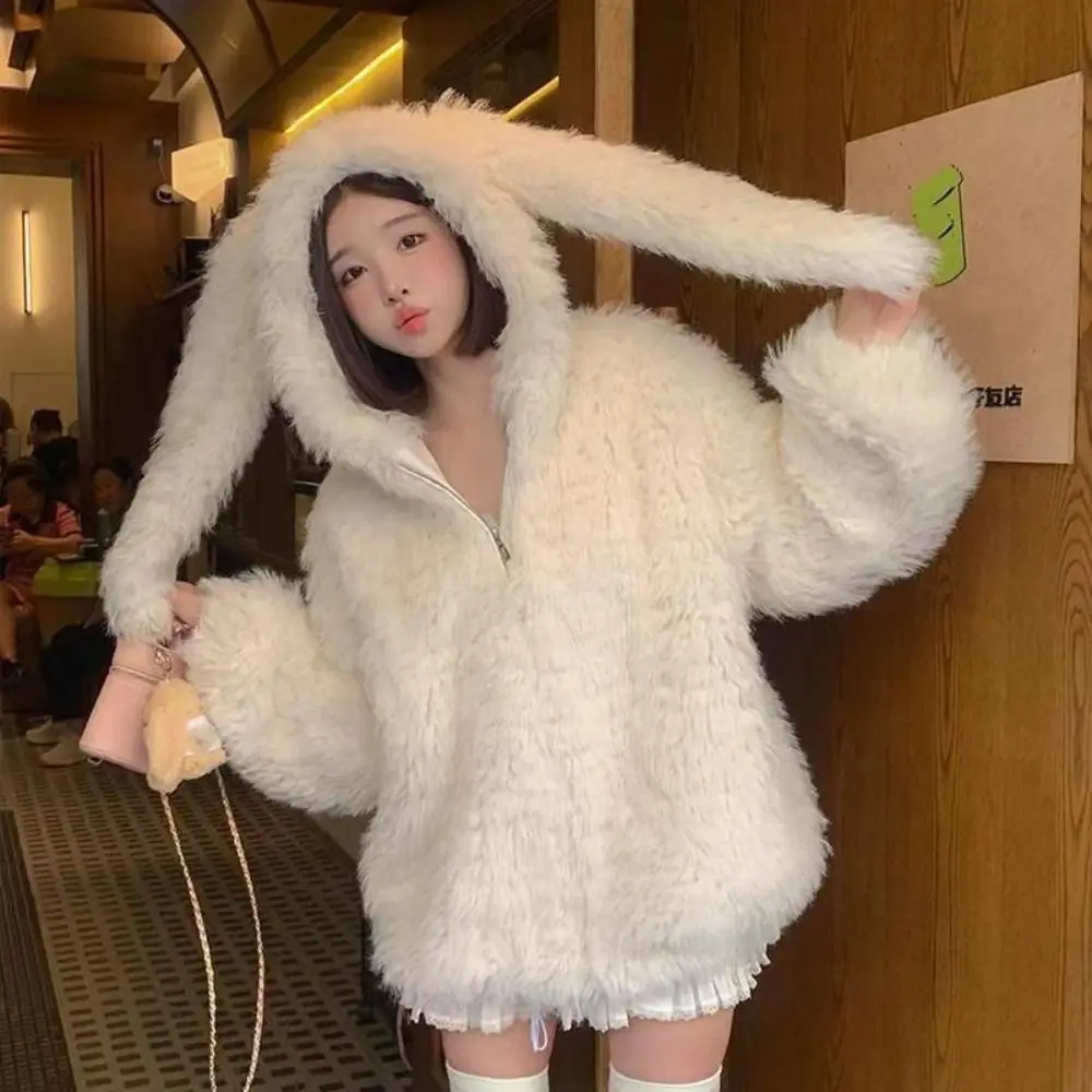 

Милая толстовка с длинными рукавами из искусственной овечьей шерсти, толстая теплая зима-осень, толстовка с заячьими ушками, кавайный женский топ, плюшевые пальто, уличная одежда