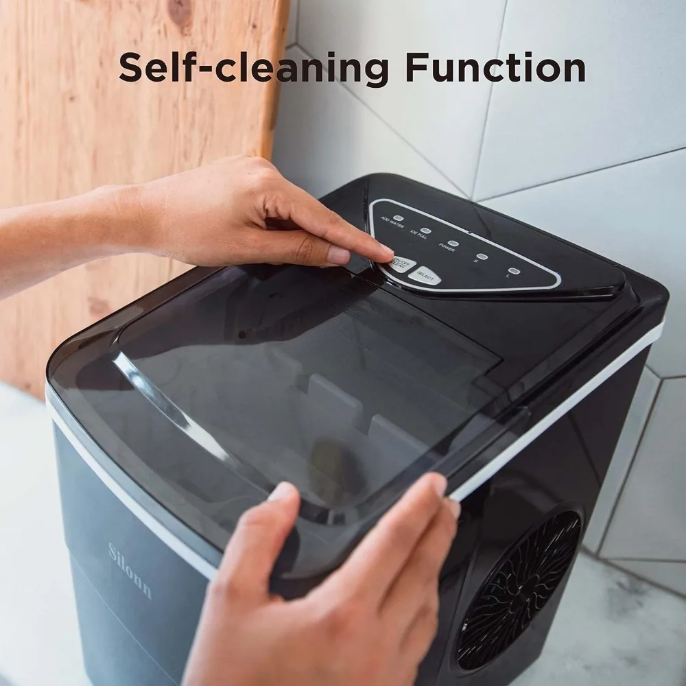 Self-Cleaning Ice Maker com Ice Scoop e Basket, Máquina de gelo bancada, 2 tamanhos de para cozinha, escritório, bar, 26lbs em 24Hrs