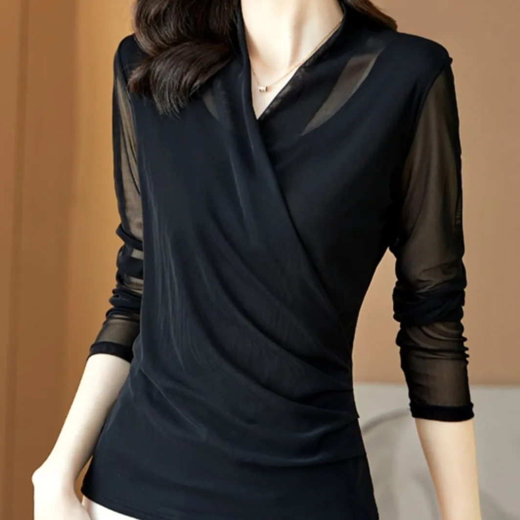 Spring Ice Silk Mesh V-Neck Base Shirt Long Sleeve Women's Cross Waist Slimming Floral Print New Style Top Women's T-shirt