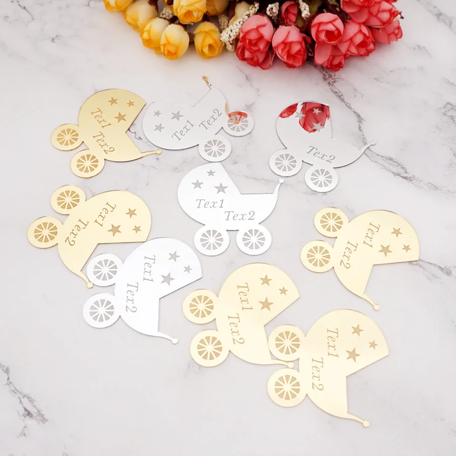6x6cm Personalized Baby Carriage Mirror Acrylic Sticker Custom Name Party Decor Favors Invitation Card Party Guest Gifts