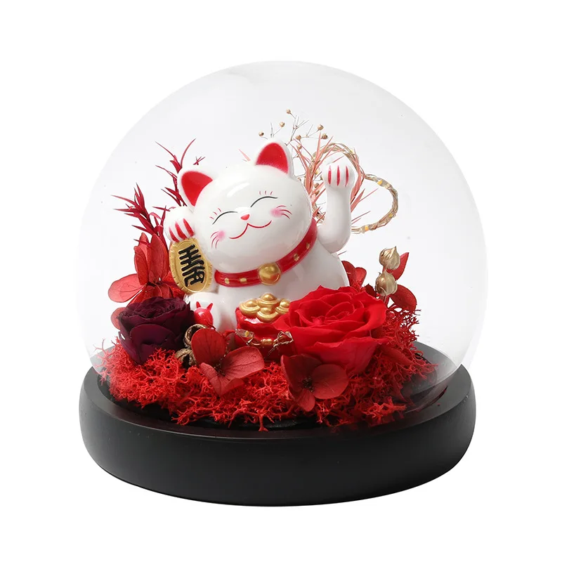 

Tall glass dome with heart wood base permanent flower preserved flower eternal flower