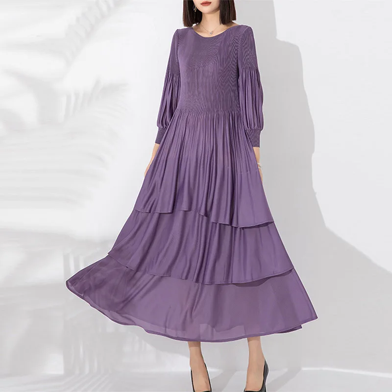 Miyake vestido plissado nova chegada elástico estiramento pulôver estilo lanterna mangas em camadas bolo camada design vestidos de moda feminina