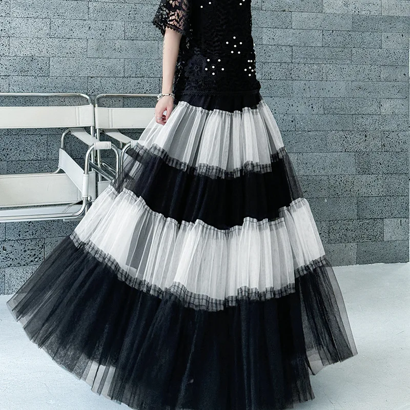 

Юбка с высокой талией, оверсайз, с цветовыми блоками, сетчатая, А-силуэт, в уличном стиле, летняя, новая, свободная, стройнящая юбка для женщин