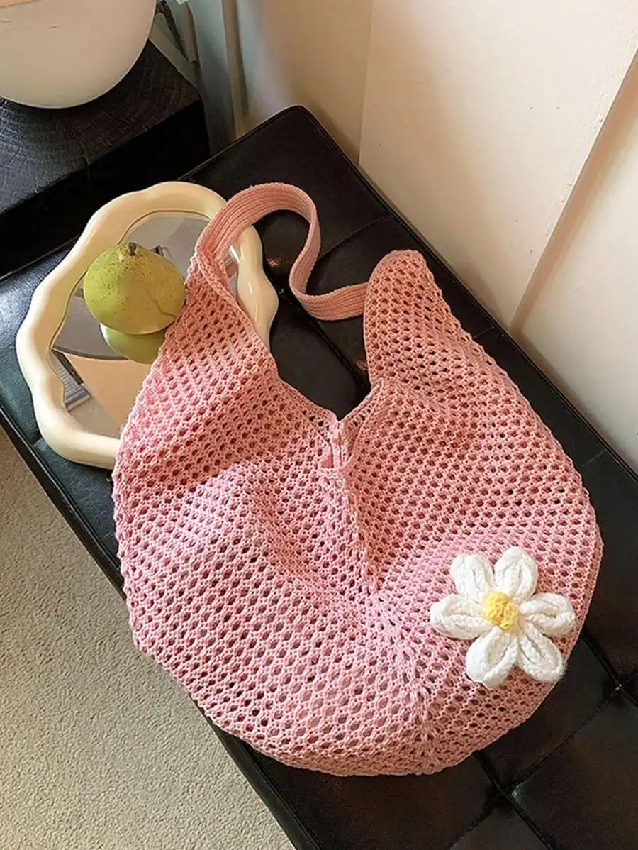 Bolso Tote Rosa de Ganchillo Calado con Decoración Floral, Estilo Bohemio, Bolso de Playa de Gran Capacidad, Bolso Casual Holgado
