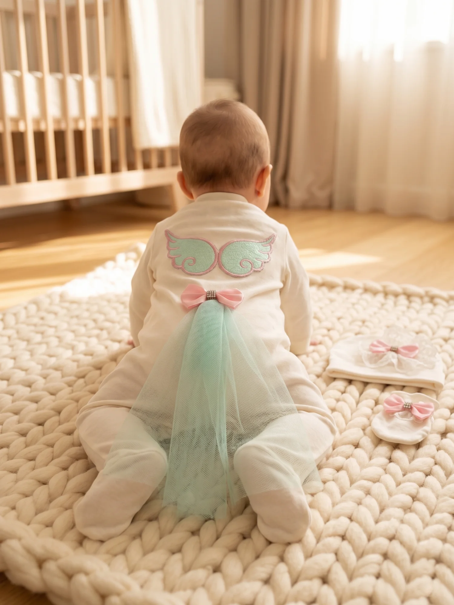 Soft Cotton Embroidered Angel Baby Footed Onesie Set Rhinestone Satin Bow Hat Mittens Infant Girl Birthday Photo Costume