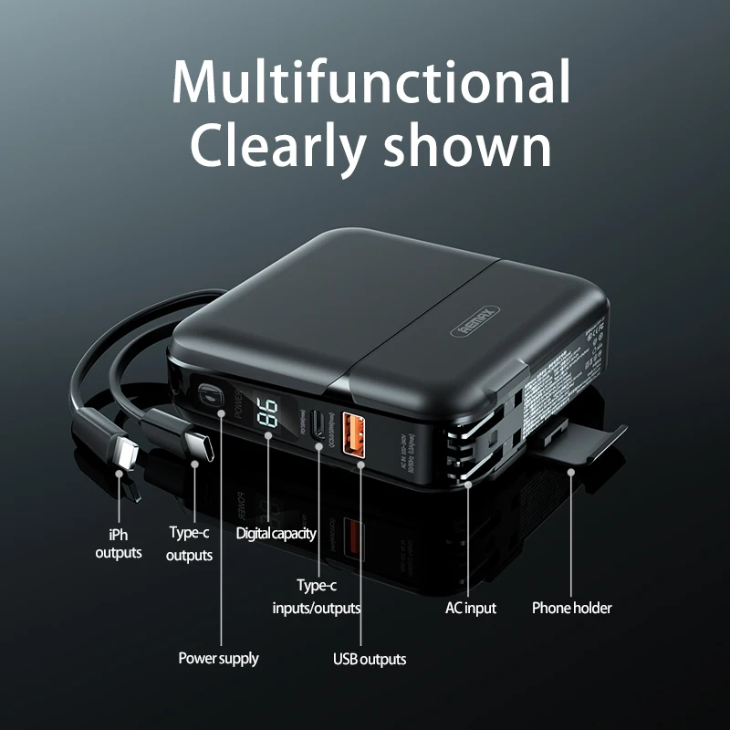 Remax-Powerbank com cabo tipo C, bateria externa, carregador rápido, adaptador, plugue AC, 15000mAh, PD22.5 W, apto para telefone, Xiaomi, Huawei