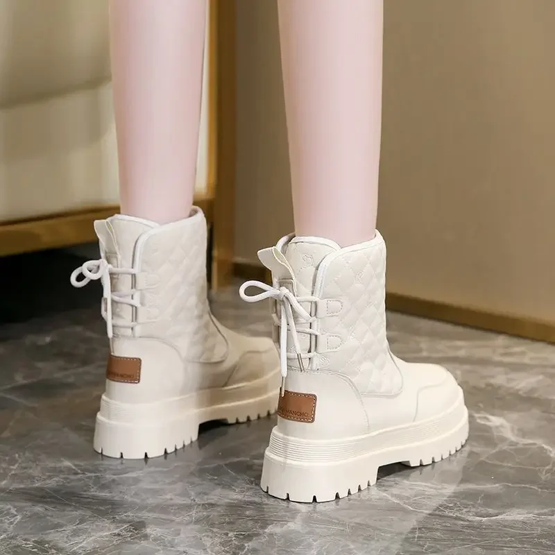 Half High Fleece-Lined Snow Boots for Women Leather Warm Round Toe Designer Luxury Winter 2025 Novelty Quality Lamb Woman Shoes