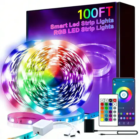 Bandeaux lumineux LED pour chambre à coucher de 100 pieds, ensemble de bandeaux LED suspendus colorés, avec télécommande à 24 touches et contrôle intelligent via application, éclairage musical synchronisé RGB, adapté aux chambres et à la décoration intérieure