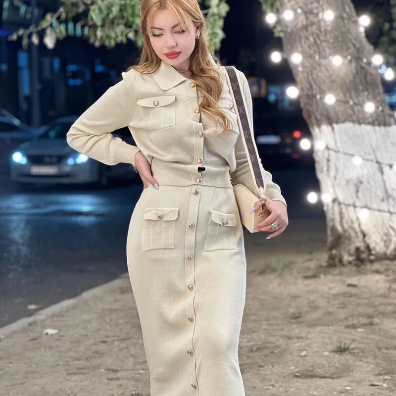 Elegant Knit Blazer Skirt Set Women Black White Brown 2 Piece Matching Set Autumn Winter Vintage Knitted Two Piece Women Sets