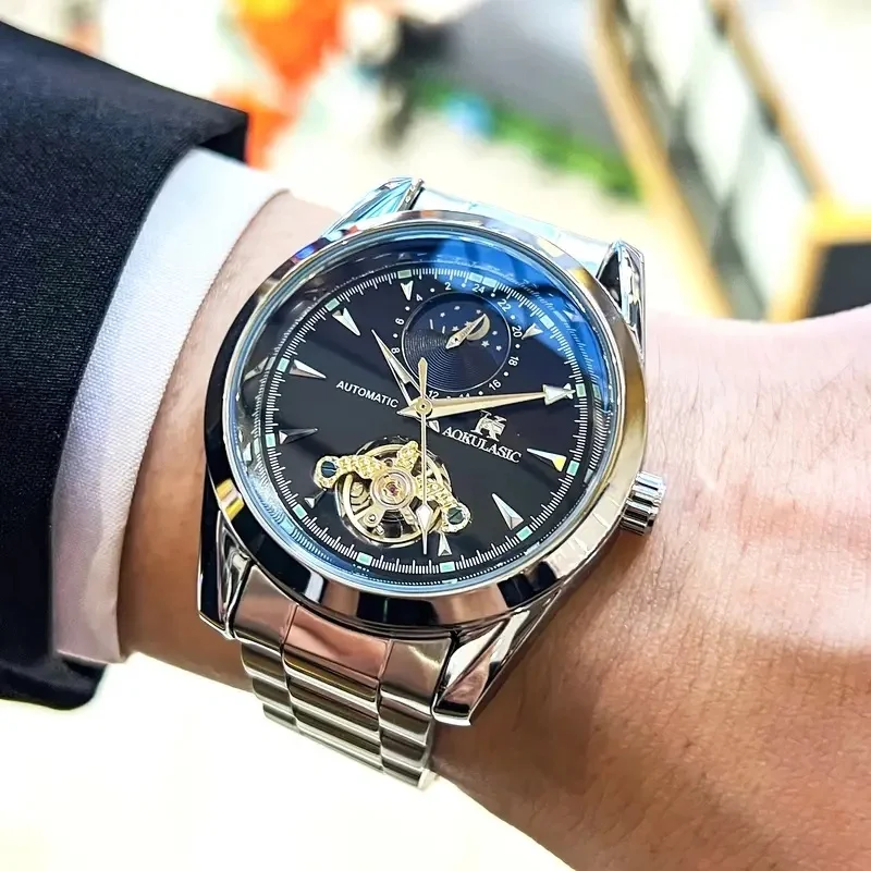 

Luxury Men's Business Automatic Mechanical Watch, Fashionable and Simple Men's Watch, Large Tourbillon Hollow Automatic Mechanical Watch, Cut Out Design, Men's and Students' Casual Daily Multi-Function Watch, No Battery