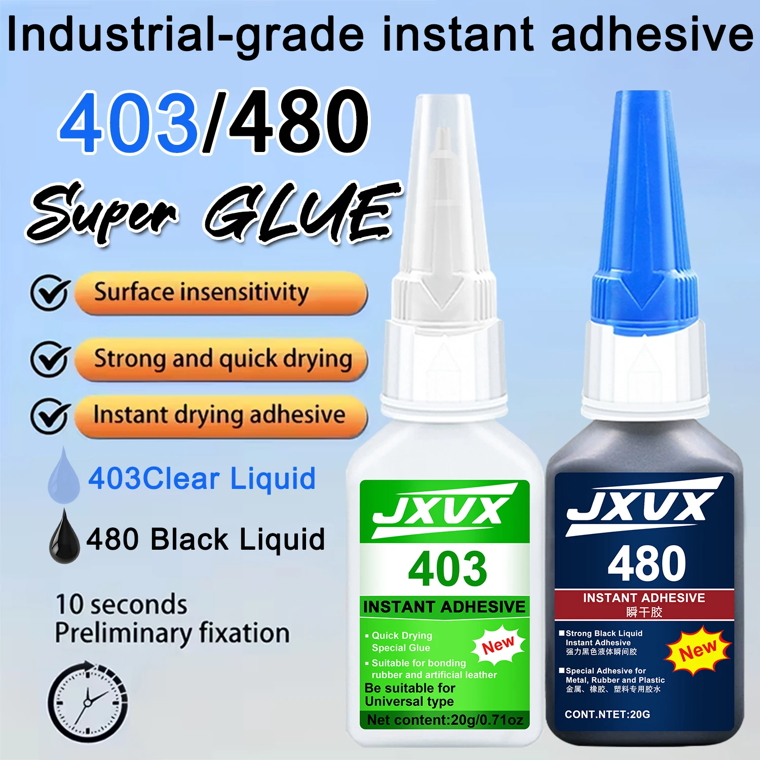 JXVX 20 g 403 (trasparente)/480 (nero) Colla super forte ad alta resistenza, colla istantanea a base di cianoacrilato - Per plastica, resina, ABS, giocattoli, PVC, riparazione di mobili Adesivo istantaneo universale.