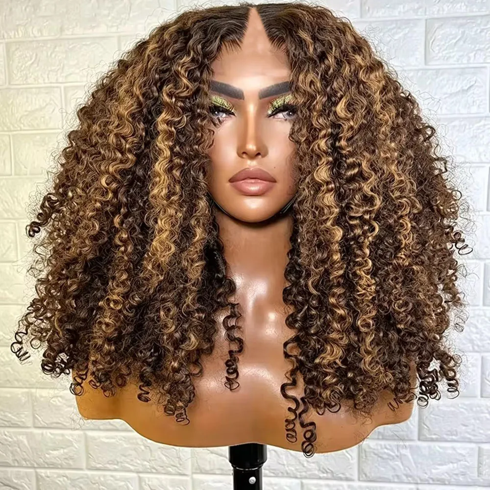 Afro Black Women U Part wigs Easy Wear 250%Density Highlight Honey Brown Natural Curly Indian Human Hair 1x4 V Part Wigs Natural