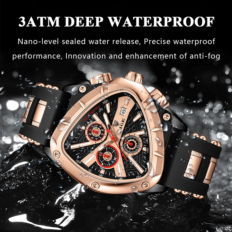 LIGE Brand Luxury Quartz Man Watch Fashion Silicone Strap Irregular Shape Creative Watch for Men Waterproof Luminous Chronograph