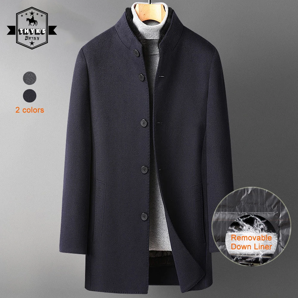 Manteau en laine à col montant en vison pour homme, doublure en wDon d'oie détachable, Double face, pardessus mi-long en cachemire