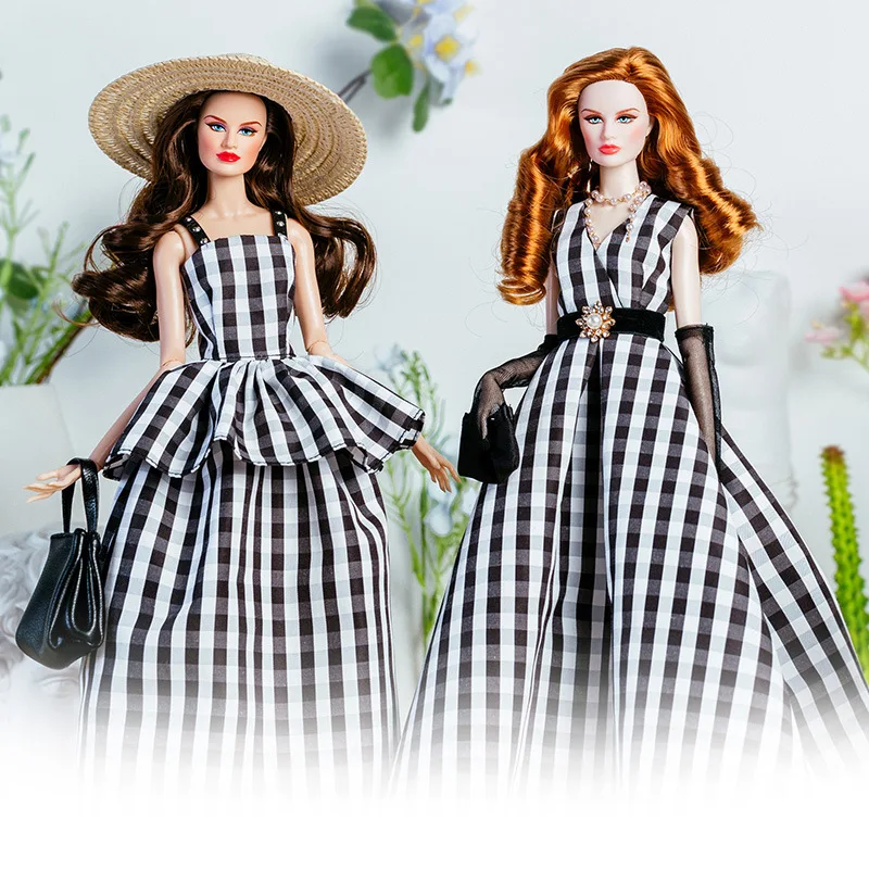 32cm Supermodel Doll Clothes Suit European Fashion Vintage Black and White Plaid Dress Set Princess Girl DIY Toy Collector Gifts