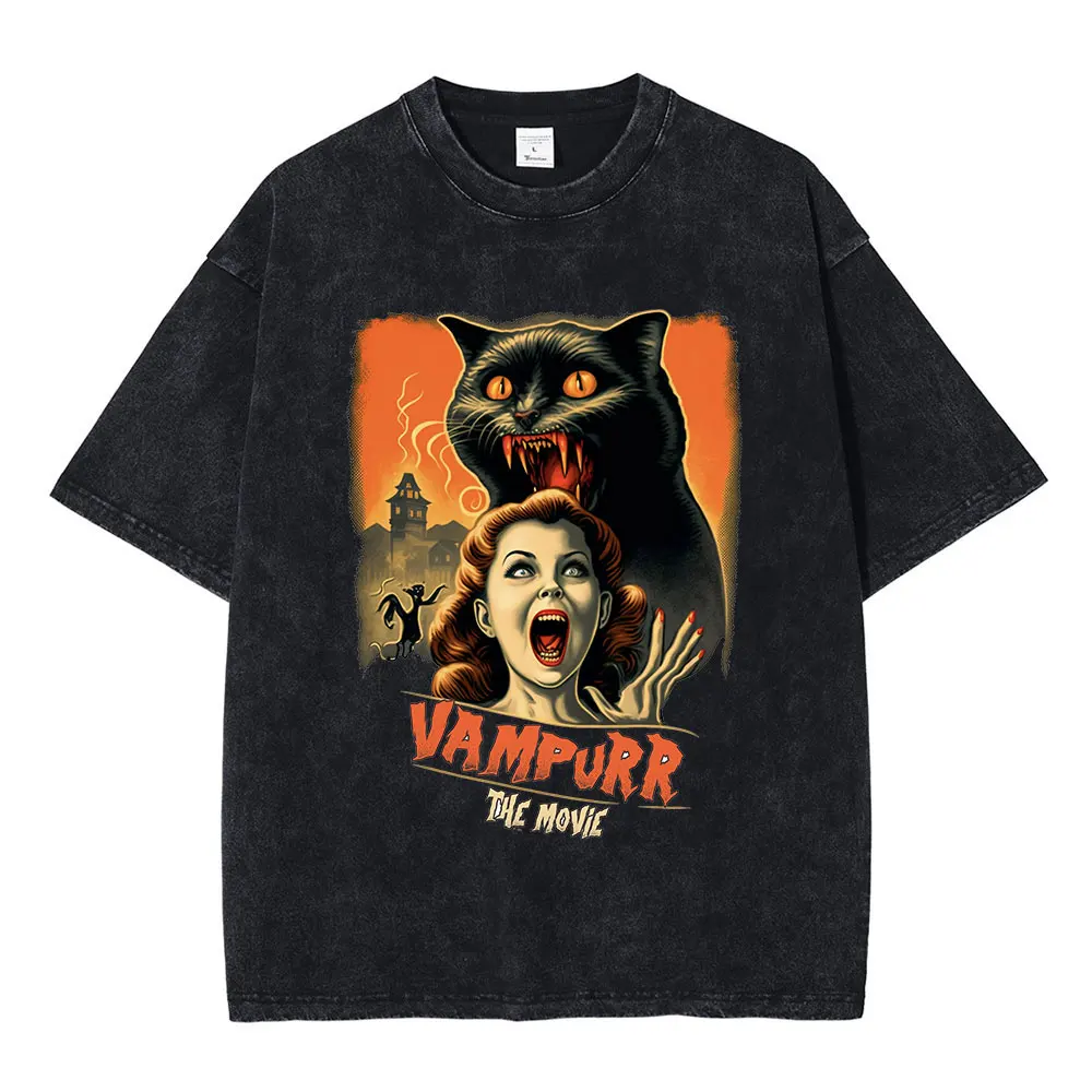 The Return of Vampurr Cat 90s Horror Movie Washed T-shirt Gothic Vintage Short Sleeve T Shirt Men Women Cotton Comfort T-shirts