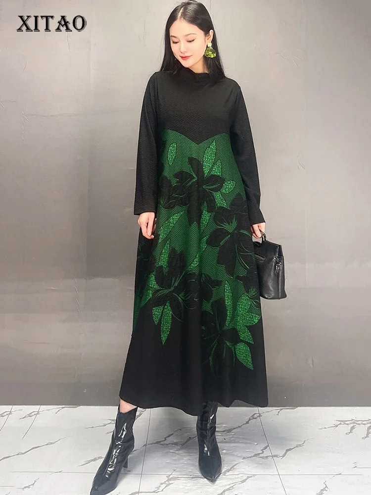 

XITAO Print Contrast Color Patchwork Dresses Half High Collar Long Sleeve Pullover Loose Slimming Temperament 2024 New GYX1036