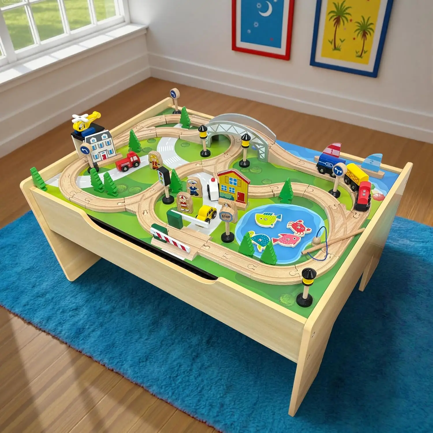 

2-in-1 Train Set & Building Block Table for Toddlers, Reversible Activity Desk with Storage, Compatible with Lego Duplo & All Ma