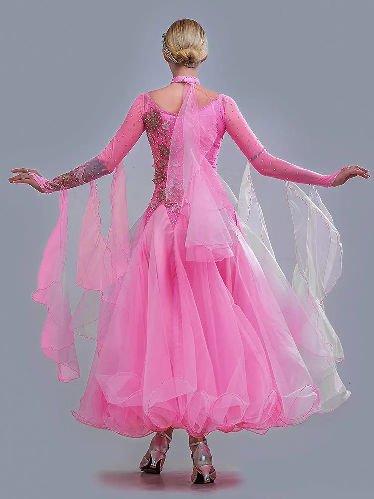 Women Pink Sequins Flying Yarn Ballroom Competition Dance Dress Viennese Waltz Dresses Clothes For Ballroom Dancing Rumba