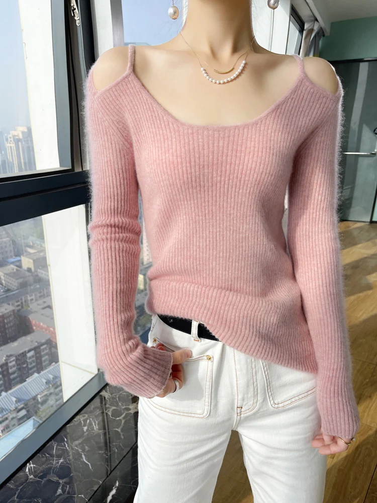 

Autumn/Winter Women's Knitted Top 100% Cashmere Round Neck Sweater Fashion Sexy Off-the-Shoulder Pullover Slim Show Slim Korean