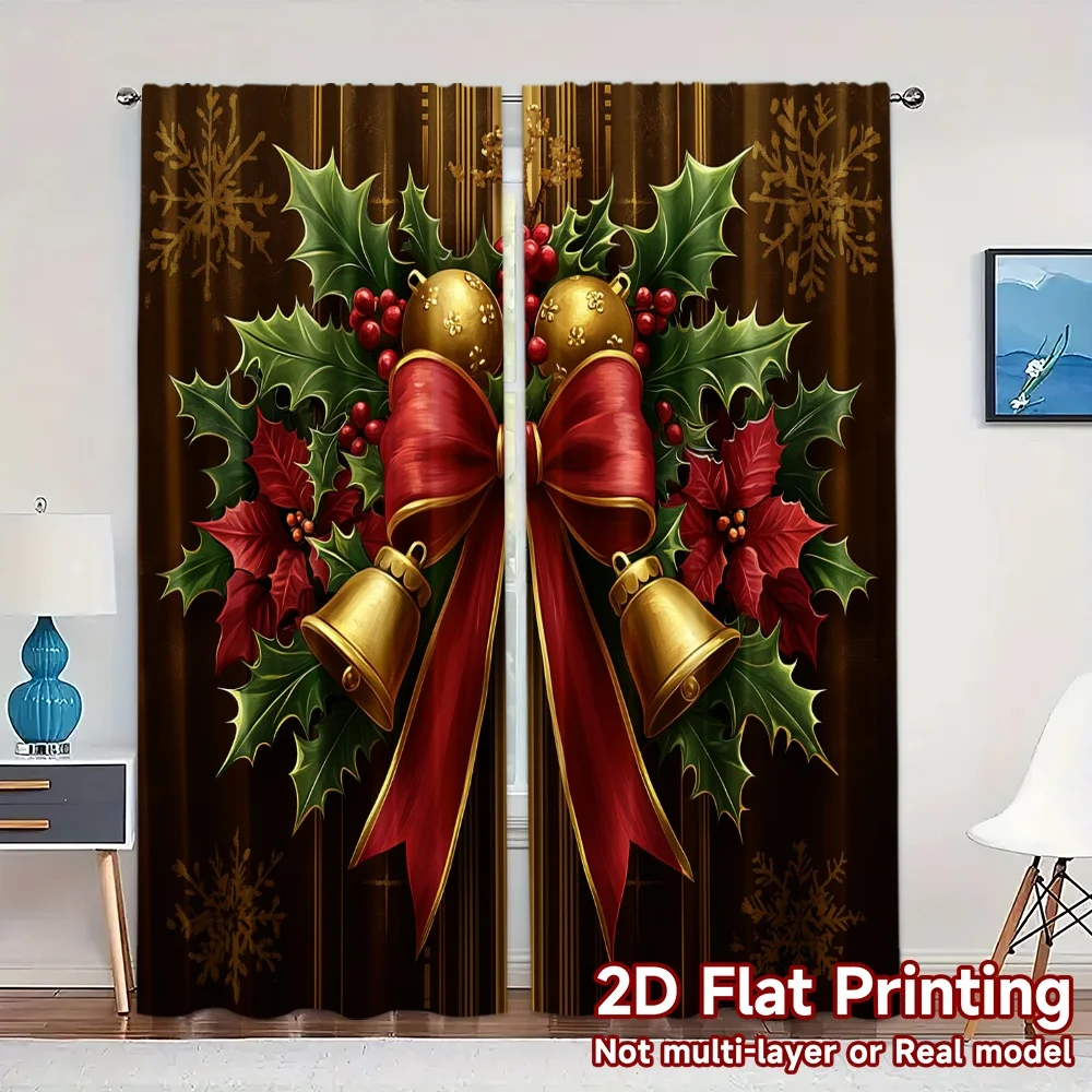 2pcs,Curtains Christmas Bells Holly Poinsettia (3) Modern Curtain Fabric Polyester Curtains Home Decor Suitable for Bedroom &